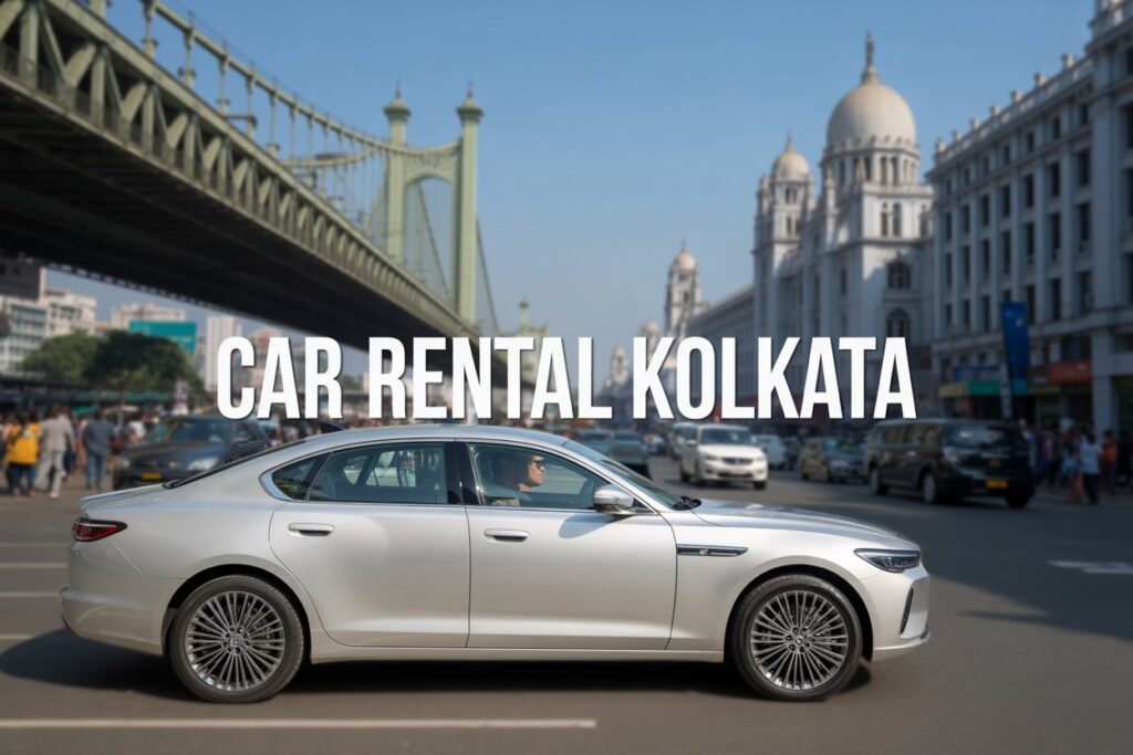 A professional car rental service scene in Kolkata, India, showing a clean sedan with a uniformed driver standing beside it, iconic urban street with yellow taxis and colonial architecture in the background, warm natural lighting, realistic photography style, welcoming and trustworthy mood, travel and transportation theme, high resolution, wide banner composition